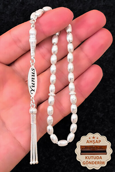 SİLVERA TELKARİ İsimli Gümüş Tesbih Çizgili Arpa Kesim İsim Yazılı Gümüş Tesb...