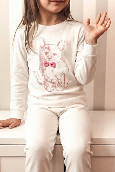 Cigit pisică cu imprimeu Costum de pijama 2-8 ani Ecru