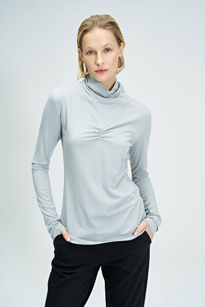 BIZEFASHION Dik Yaka Önü Büzgülü Basic Bluz - Gri