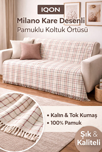 İQON Çok Amaçlı Pamuk Koltuk Örtüsü | Kare Desen