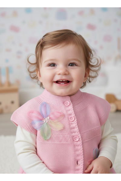 Nimini Kids سترة محبوكة للفتيات الصغيرات مزينة بأزرار وتفاصيل زهرية