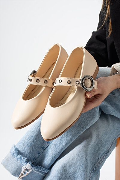 Moda Devrin Бежови капсулни детайли Еластична катарама Балетни плоски обувки ...