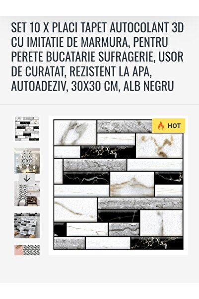 OEM Set of 10 3D self-adhesive wallpaper tiles with marble imitation