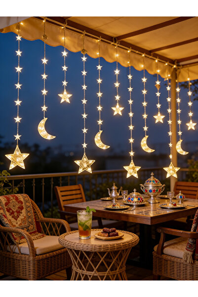 Yoawllty زينة رمضان، ستائر مضيئة على شكل نجوم وقمر تعمل بمنفذ USB، 8 أوضاع إض...