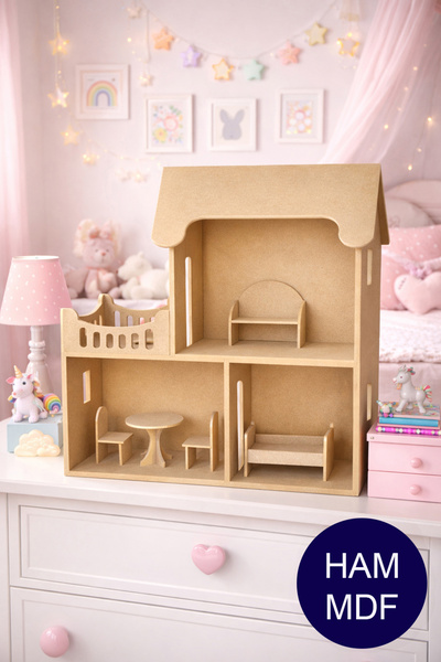 Ahşap Ham Mdf, Boyanabilir Oyuncak, Bebek Çocuk Oyun Evi (5 Adet Mobilyalı)