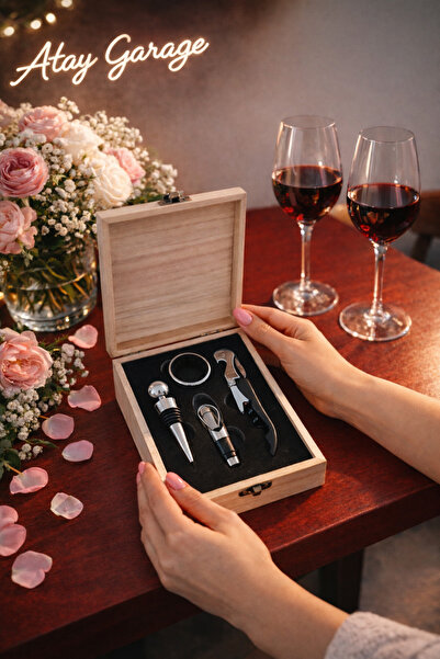 Atay Garage Ahşap Kutulu Tirbuşon Şarap Aksesuar Seti – 4 Parça Tirbişon Seti