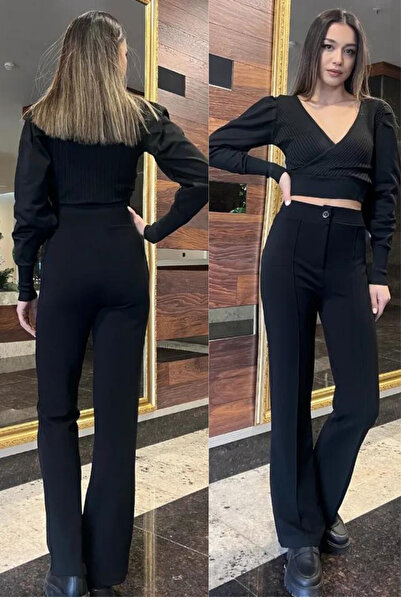 FEVİLLE Kadın Siyah Büyük Beden Krep Kumaş Likralı Pantolon
