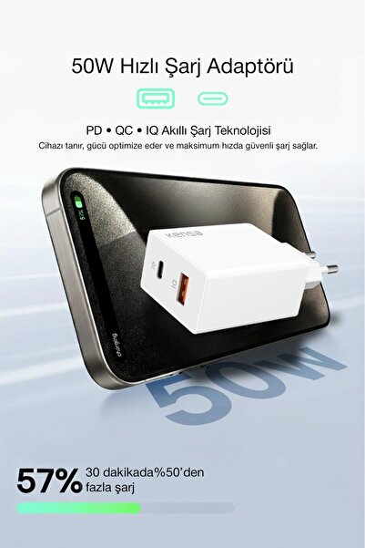 Kensa 50W PD Çift Çıkışlı Hızlı Şarj Başlığı – USB-C + USB-A, Akıllı Güvenlik...