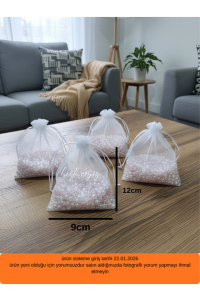 Hızlı Çeyiz BEYAZ Organze Şeffaf Tül Kese, 4 Adet Ölçü 9x12cm Kına Çerez Kuru...