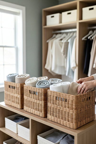 Joujou Dekoratif Rattan Organizer Sepet 25×25×20 cm | Doğal Rattan Depolama &...