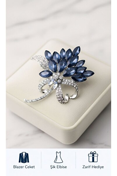ERALLUX Mavi Kristal Taşlı Çiçek Figürlü Şık Kadın Broş