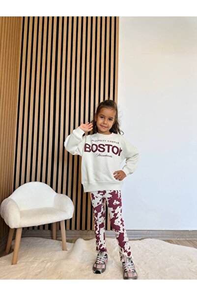 Milo Sol Kız Çocuk Boston Yazılı Sweatshirt & Flare Tayt Takım – Bordo/Ekru – %100 Pamuk