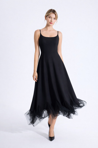 HOX'S Katniss | İnce Askılı Uzun Kloş Elbise Etek Ucu Tül Detaylı - Siyah