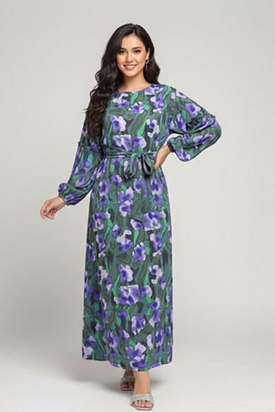 dorbe floral printed round neck puff style full sleeves string closure long m...