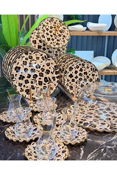 Onedekor 34 Parça Panthera Leopar Yaldızlı 6 Kişilik Pasta Çay Servis İkram T...