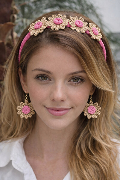 Kutcha Accessories Rafya El Örgüsü Papatya Küpe Ve Taç Seti,lohusa Taç