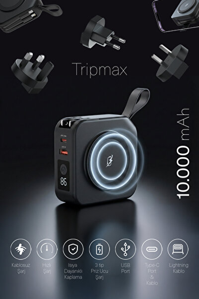 ParsPower Tripmax Gan Adaptörlü 10.000mAh MagSafe+Duvar Şarjlı+3 TipPriz Başl...