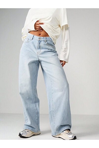 Maıson De Mode Buz Mavi Palazzo Pantolon Wide Leg Yüksek Bel Denim Jeans