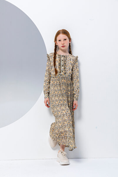 incity Girl's Buttoned Ruffle Detailed Long Sleeve Dress-New Season