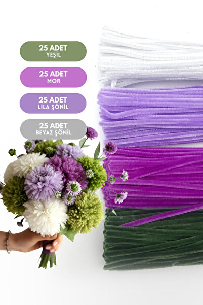 Bimotif 100lü tüylü tel şönil, 30 cm (25er adet Yeşil, Mor, Lila, Beyaz Şönil...