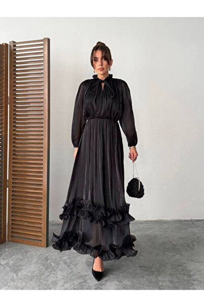 Diemmood Rochie lungă de damă, din șifon, cu volane, guler înalt, talie elast...