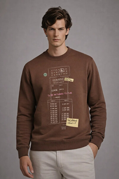 COMBİNE MİCHAİL Men's Casual Front Printed Brown Sweatshirt