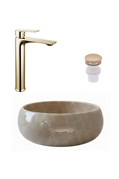 KAVİTİCARET Doğal Mermer Çanak Lavabo, Mat Gold Çanak Lavabo Bataryası, Mat G...