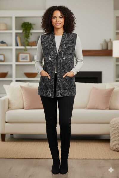 Uludağ Triko Women's Anthracite-Black-Bone Beard Pattern Knitwear Vest with P...