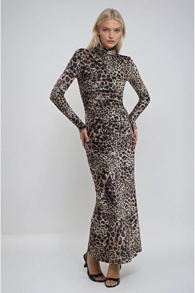 Lijuri imprimeu leopard Rochie lungă din catifea 2989