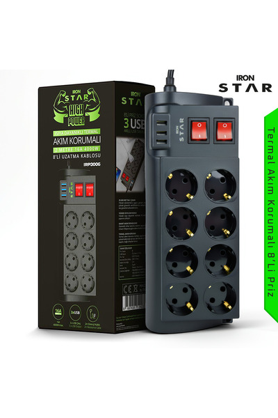 IRONSTAR TERMAL AKIM KORUMA ÖZELLİKLİ 2 MT UZATMA KABLOLU 3X USB 8 PRİZ GİRİŞ...