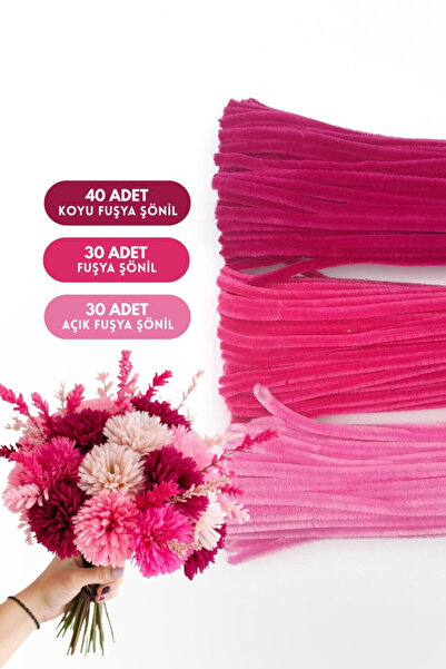 Bimotif 100lü tüylü tel şönil, 30 cm (40 adet Koyu Fuşya, 30 adet Fuşya, 30 a...