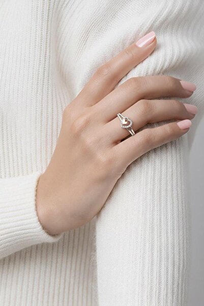 Karya Takı İç İçe Geçmiş Kalpli Yüzük 925 Ayar Gümüş