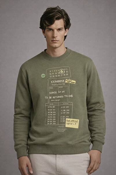 COMBİNE MİCHAİL Men's Casual Front Printed Khaki Sweatshirt