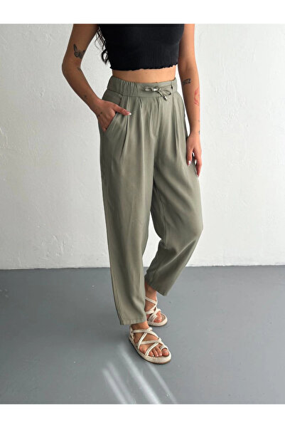 Vogue Kadın Yüksel Bel Beli Bağcıklı Cepli Rahat Paça Pantalon - Su Yeşili