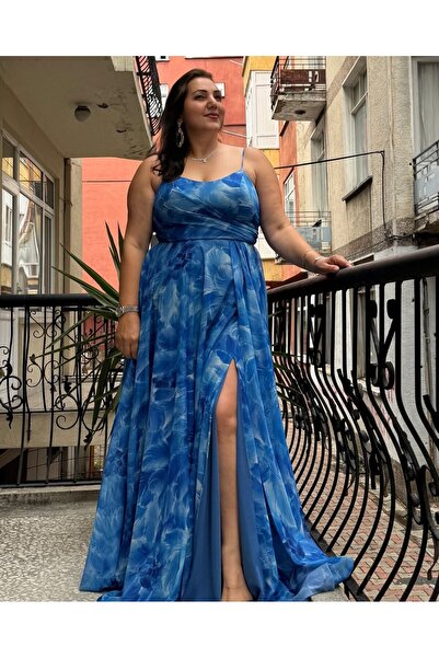 SUNAYBUTİK MAVİ İP ASKILI ŞIFON YIRTMAÇLI ABiYE