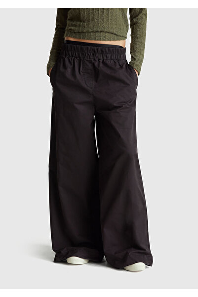 United Colors of Benetton Women's black 100% cotton wide leg pants with elast...