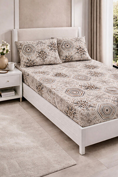 Felina Home Double King Size Cotton Elastic Bed Sheet Set with Geometric Dobb...