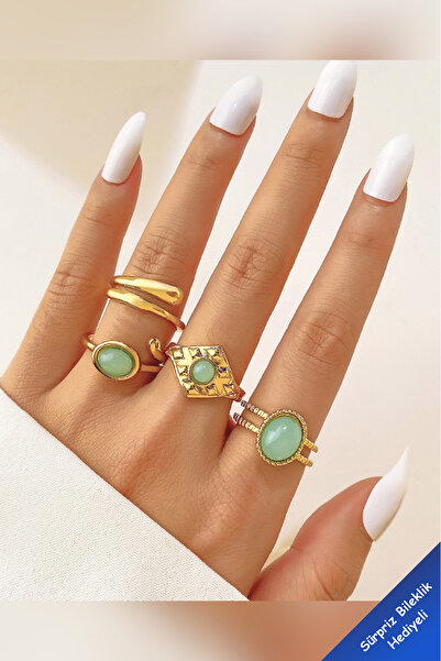 The Collection 4'lü Kombin Turkuaz Mavi Taşlı Model Gold Yüzük Set