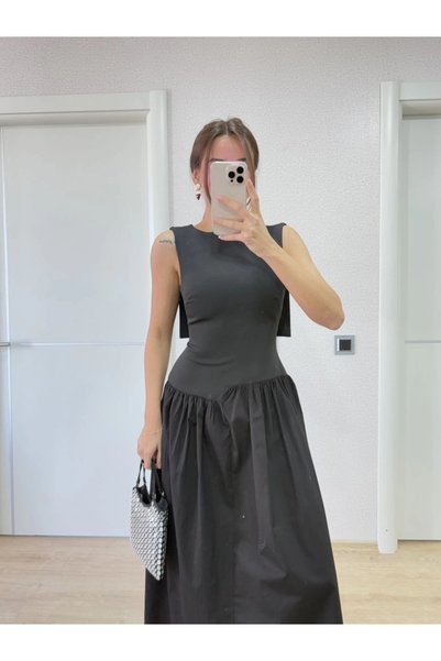 Vogue Crepe Back Wing Back Front Long Women's Dress with Pen Detail - Black