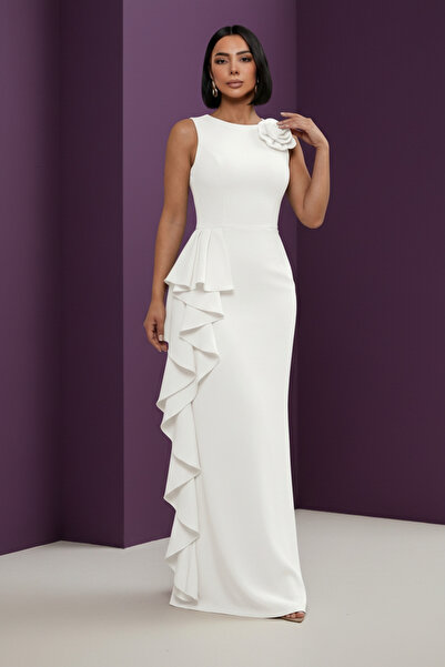 ALFUDO Moda Collection Evening Dress with Floral Detail on the Shoulder and S...