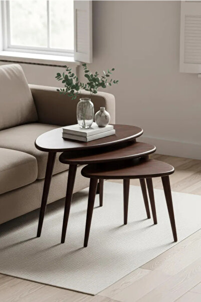 Fawdecor Minimalist Oval Tasarım %100 Kestane Ağacı Masif Doğal Ahşap 3'lü Zi...