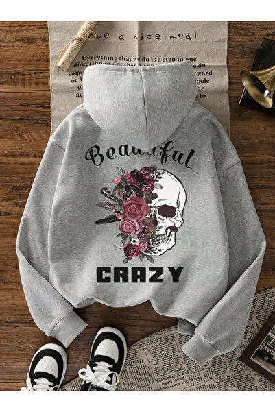 Oceanwear CRAZY BEAUTIFUL Hanorac gri cu glugă, cu imprimeu tematic cu craniu...