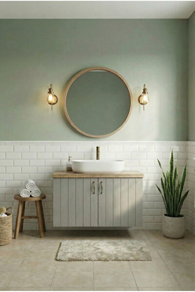 AdnDesing Banyo Dolabı-Asma 2 Kapaklı-Lavabosuz-Ahşap-Mat Vizon-Mdf 80 Cm-Aynalı