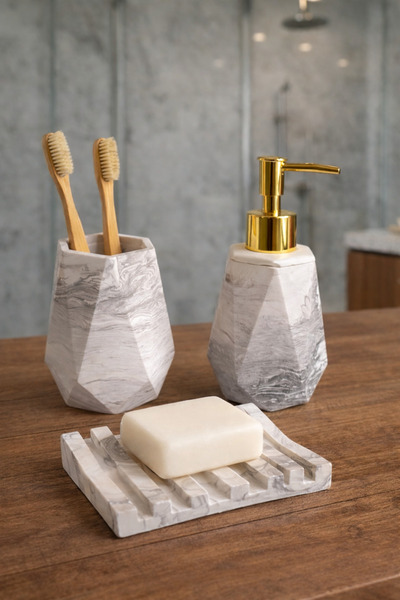 lufen deco Mermer Desenli Beton 3’lü Banyo Seti Dekoratif Aksesuarları Sıvı K...