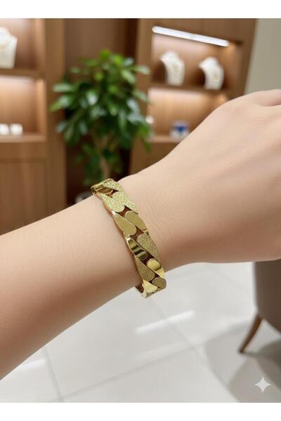 Glowzee Takı & Aksesuar Kumlu Detaylı Altın Kaplama Çelik Kelepçe Bileklik