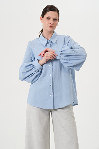 RELAXL 100% Cotton Balloon Sleeve Women's Shirt Office Chic Baby Blue