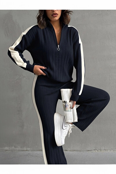 URİS Women's Stylish Striped Detail Navy Blue Sweater Palazzo Pants Bottom-To...