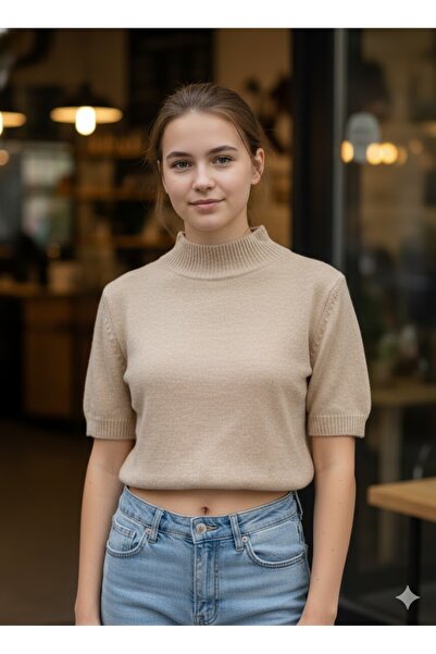 Sublime Butik Kadın Yarım Balıkçı Kısa Kollu Triko Örgü Kazak / T-Shirt