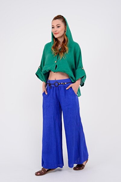 EREN STYLE Italian Corsage Buckle Belted Wide Leg Linen Trousers