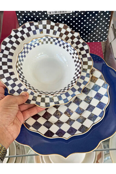 Arow - Dubai Ev dizaynım Lacivert Dama 24 Parça 6 Kişilik Porselen Yemek Takımı